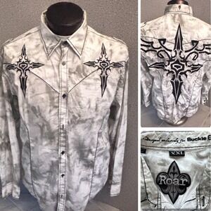 ROAR BKE Long Sleeve Button Down Shirt XXL Black White Cross Embroidery